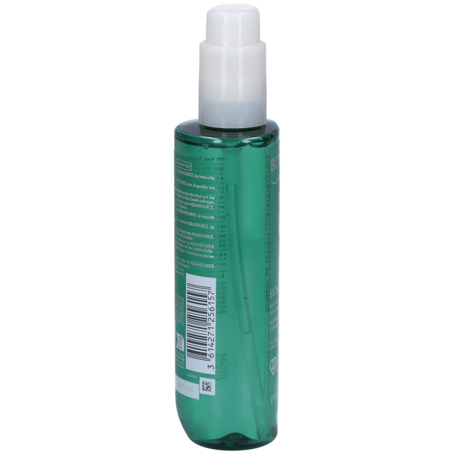 Flacone verde con erogatore bianco. Retro con testo e codice a barre. BIOTHERM BIOSOURCE. Flacone in materiale riciclato.