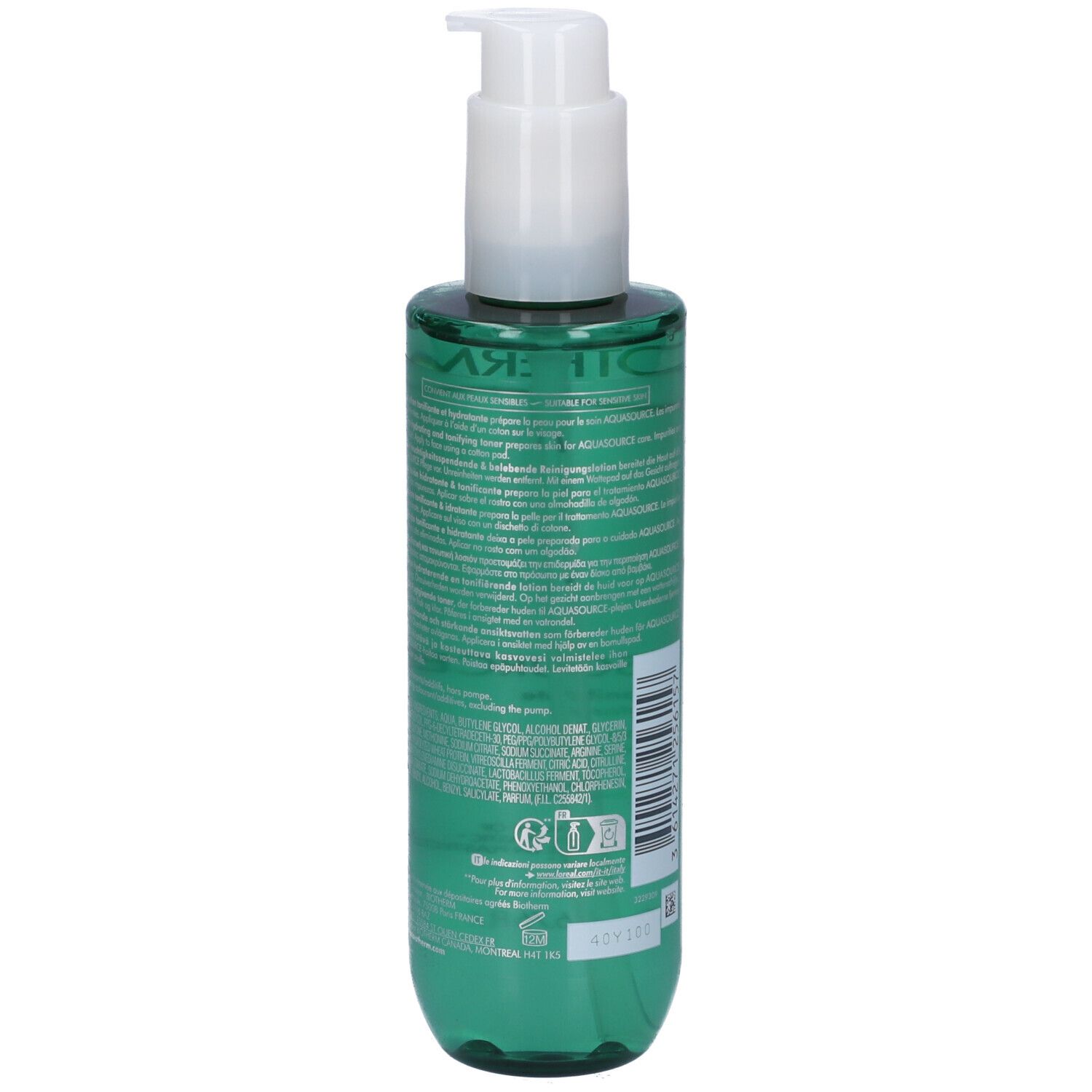 Flacone verde con erogatore bianco. Retro con testo. BIOTHERM BIOSOURCE. Flacone in materiale riciclato. Simbolo di riciclo.