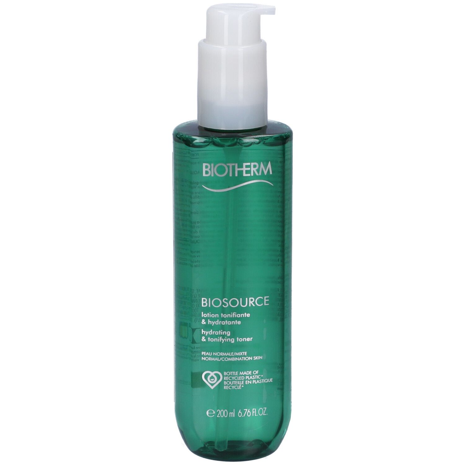 Flacone verde con erogatore bianco. Scritta: BIOTHERM BIOSOURCE Lotion tonifiante & hydratante. Per pelli normali.