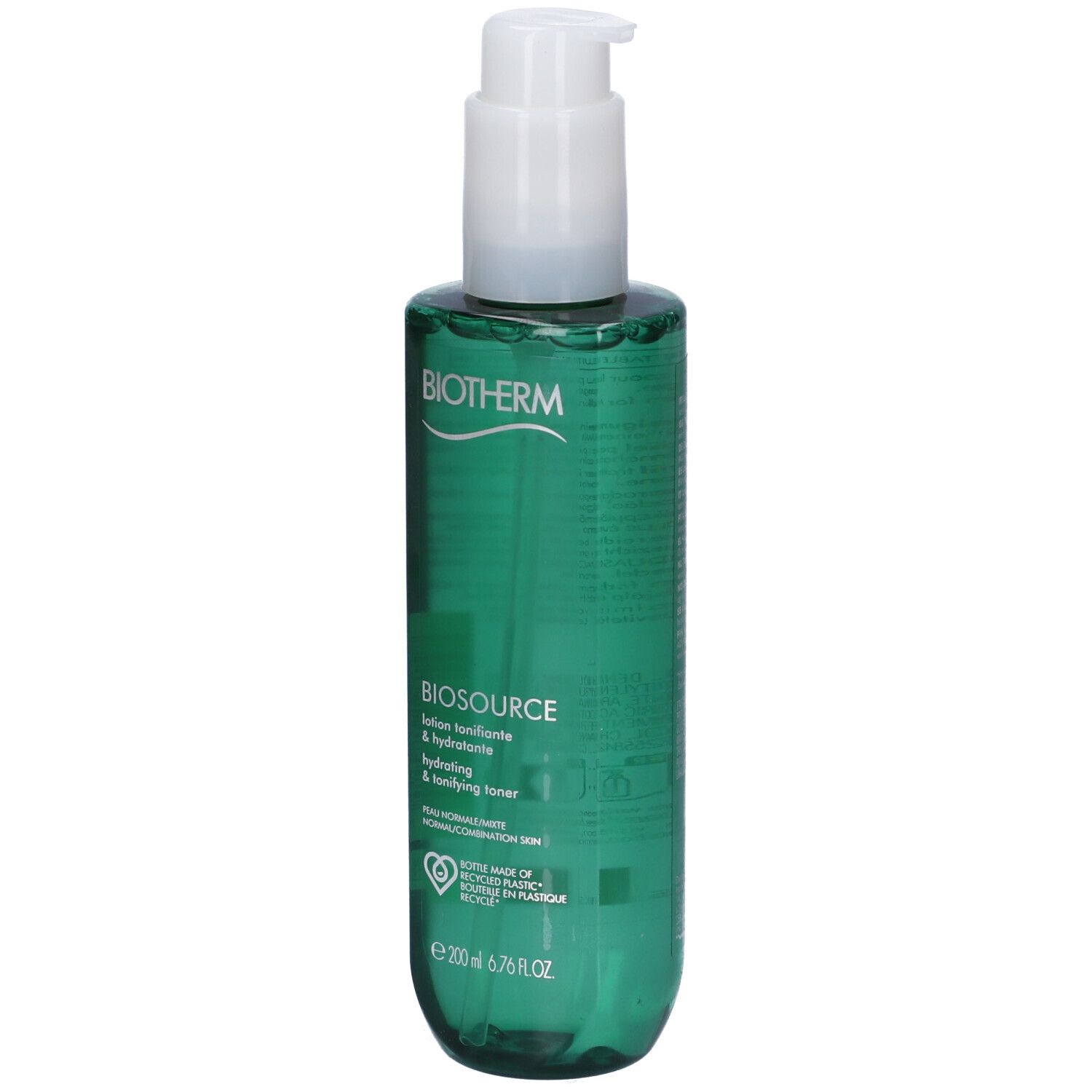 Flacone verde con erogatore bianco. Scritta: BIOTHERM BIOSOURCE Lotion tonifiante & hydratante. Per pelli normali.