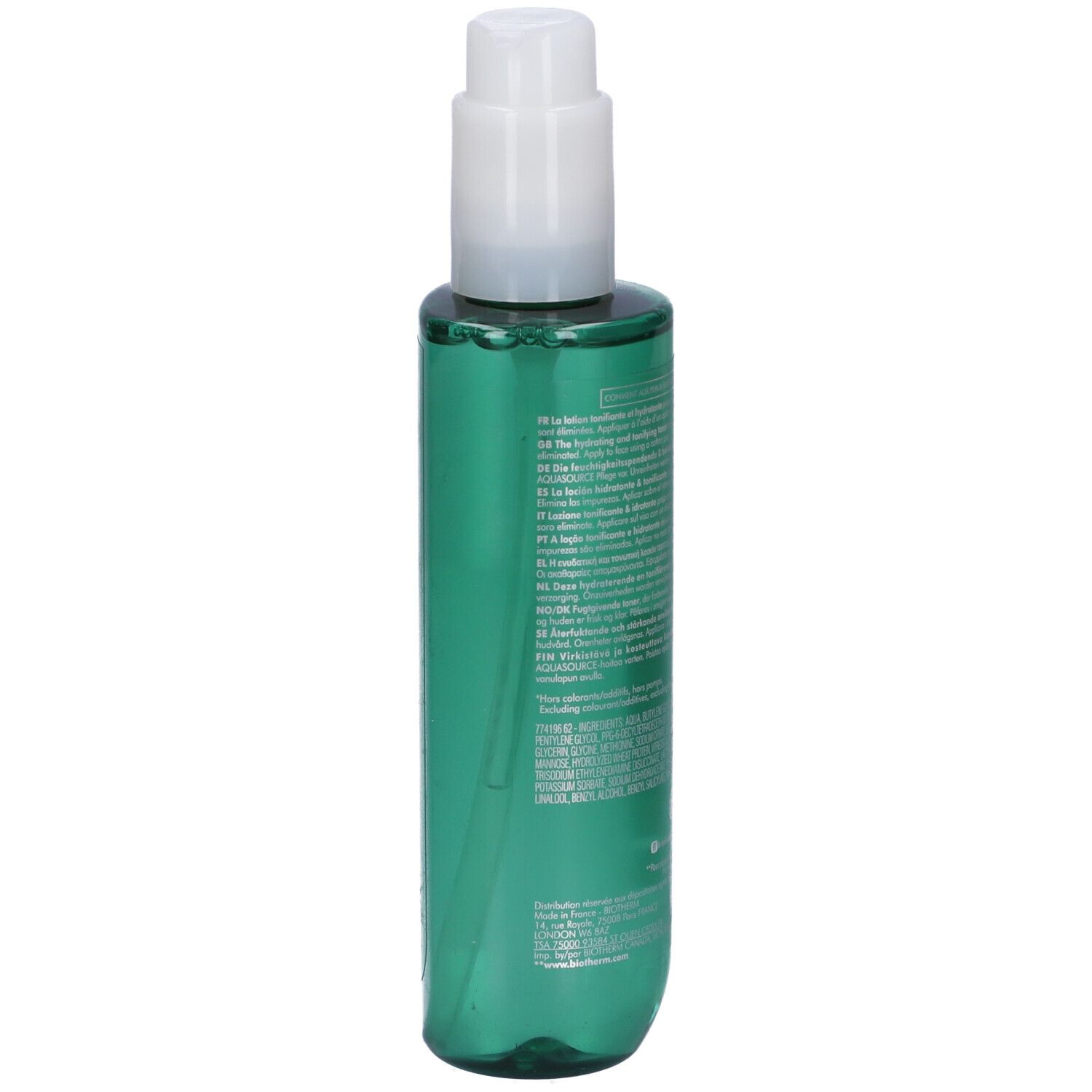 Flacone verde con erogatore bianco. Retro con testo. BIOTHERM BIOSOURCE. Flacone in materiale riciclato.