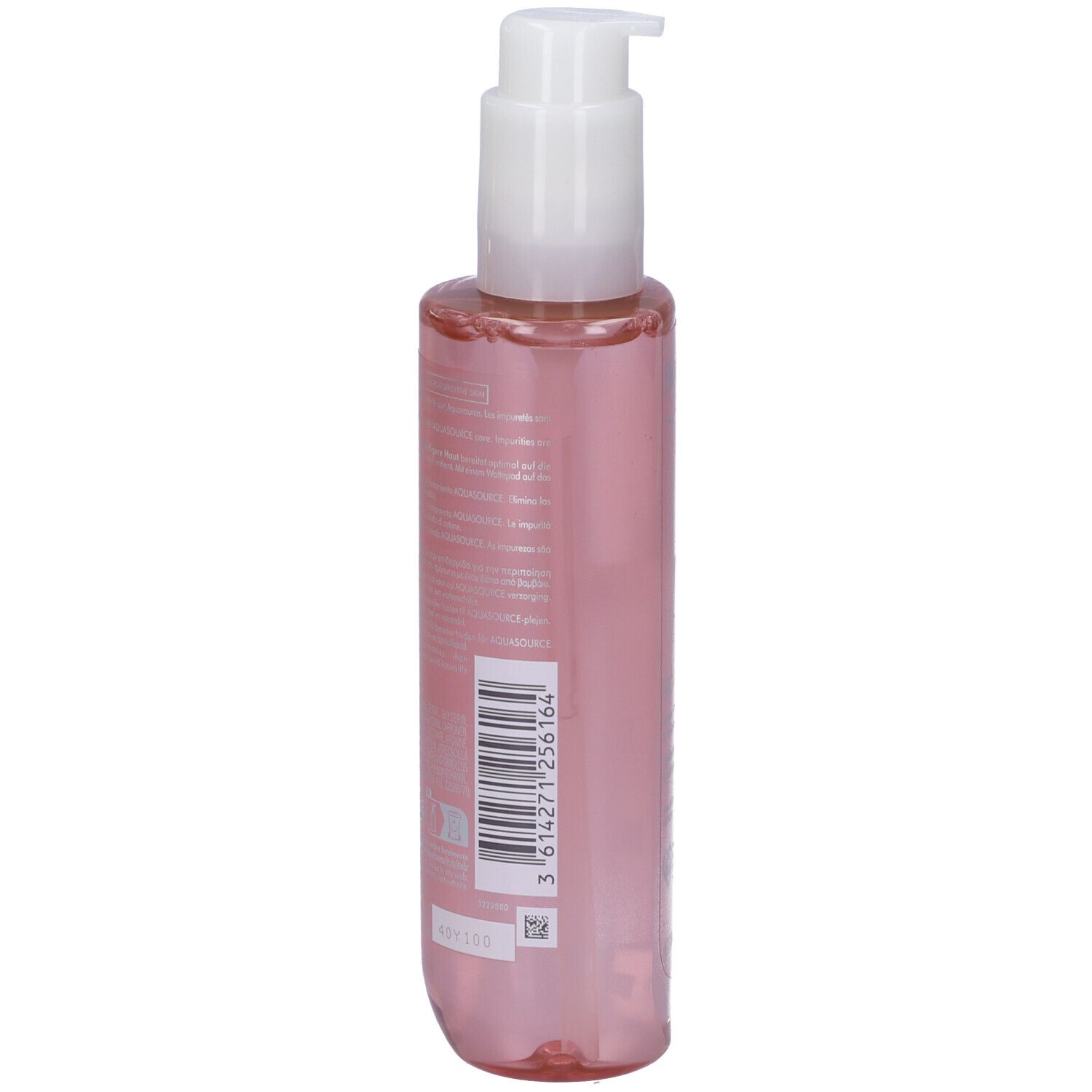 Flacone trasparente rosa con erogatore bianco. Sul retro codice a barre e testo. Prodotto: BIOTHERM Biosource Toner.