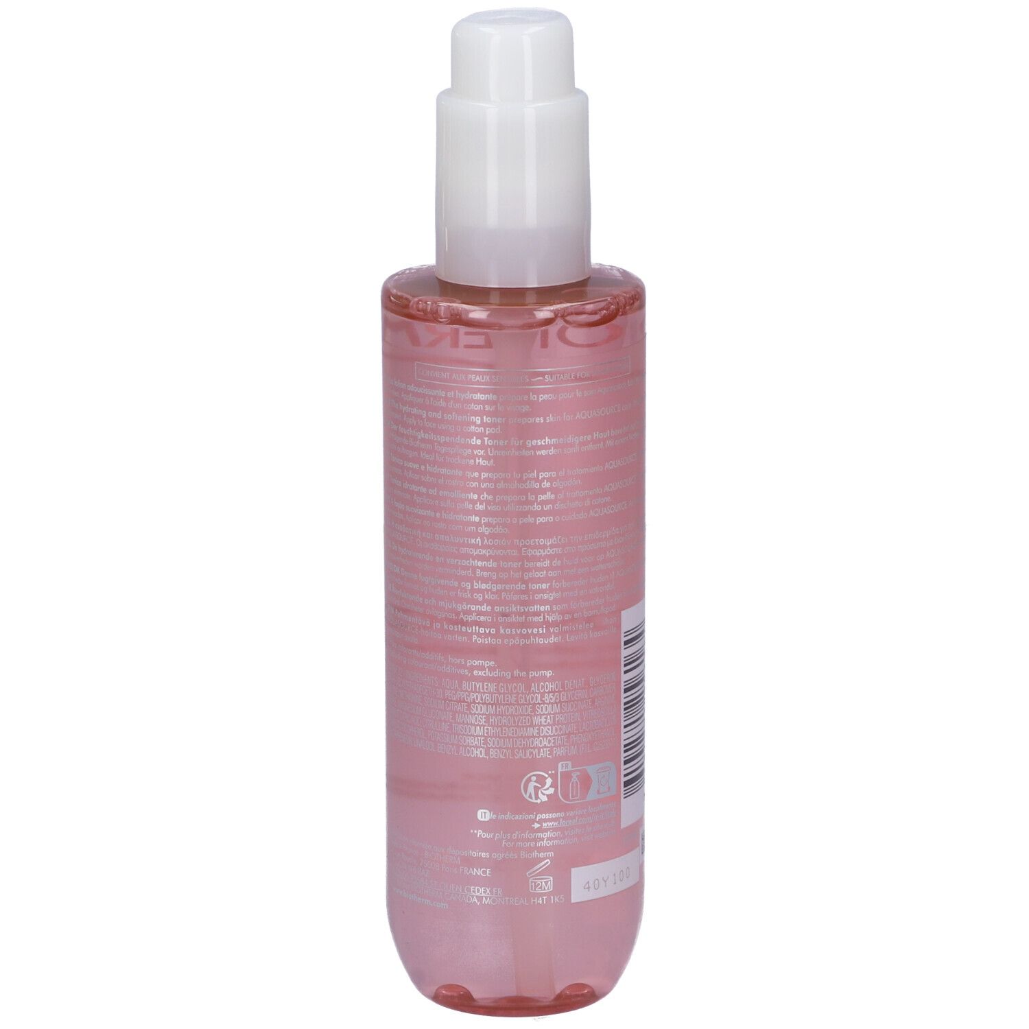 Flacone trasparente rosa con erogatore bianco. Retro con testo. Prodotto: BIOTHERM Biosource Toner.