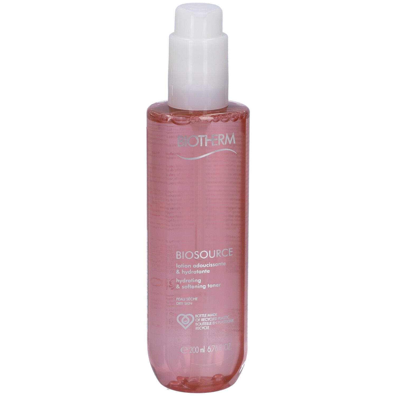 Flacone trasparente rosa con erogatore bianco. Scritte: BIOTHERM, BIOSOURCE, Hydrating & Softening Toner. Per pelli secche.