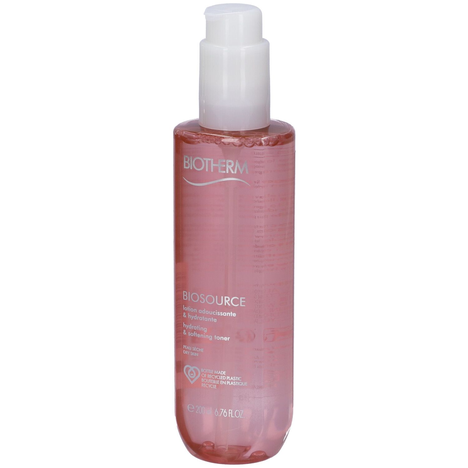 Flacone trasparente rosa con erogatore bianco. Scritte: BIOTHERM, BIOSOURCE, Hydrating & Softening Toner. Per pelli secche.