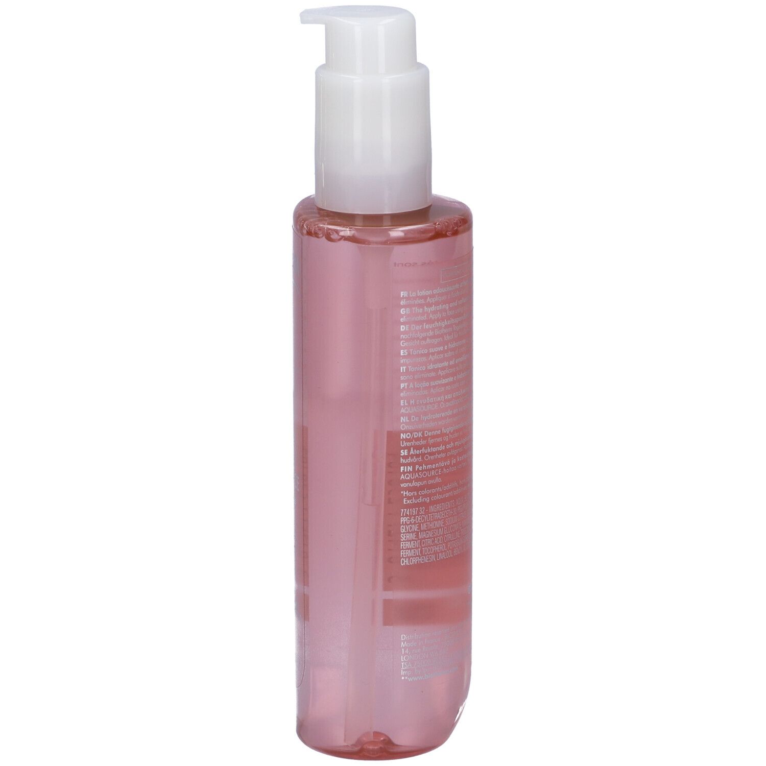 Flacone trasparente rosa con erogatore bianco. Retro con testo. Prodotto: BIOTHERM Biosource Toner.