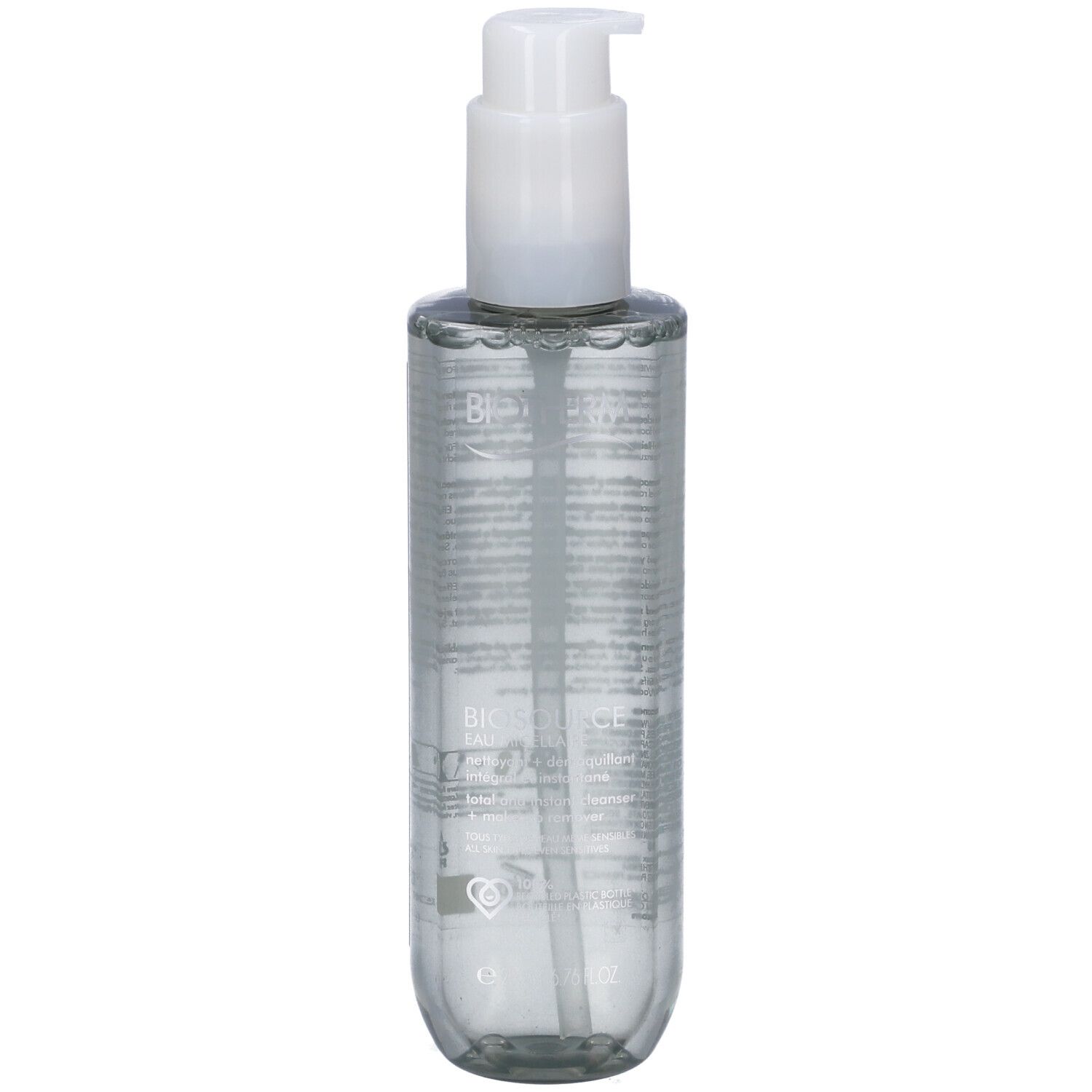 Liquido trasparente in flacone cilindrico con erogatore bianco. Scritta BIOTHERM.