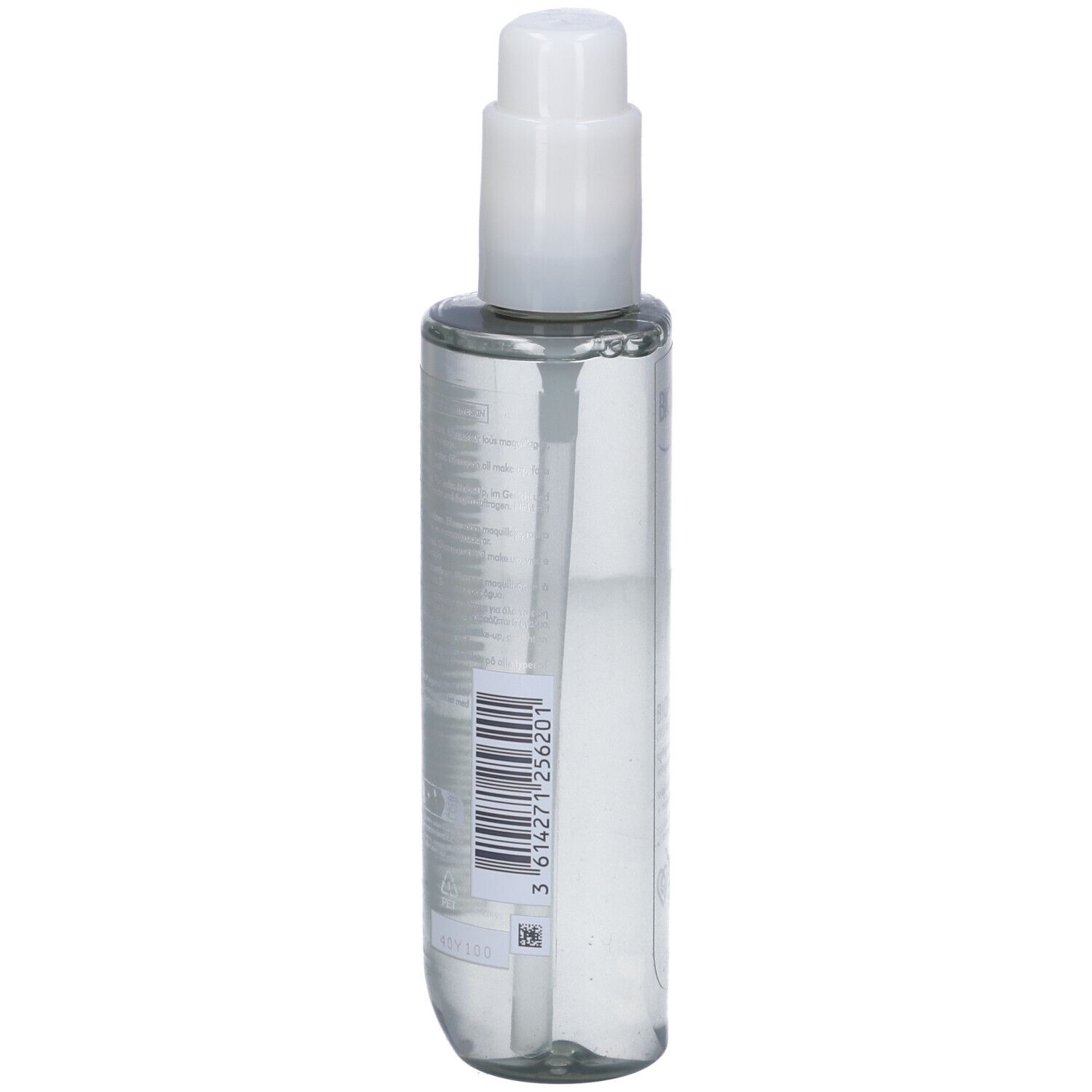 Flacone cilindrico con liquido trasparente e dosatore bianco. Codice a barre e informazioni.