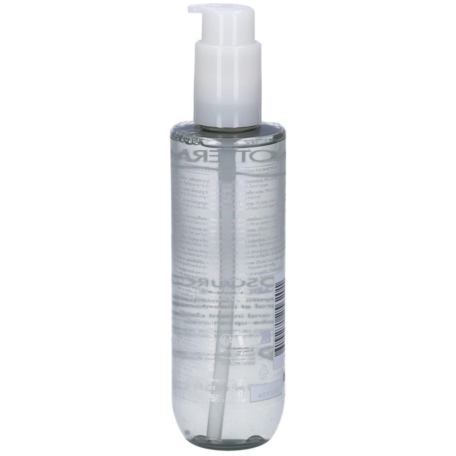 Flacone cilindrico con liquido trasparente e dosatore bianco. Scritta BIOTHERM.