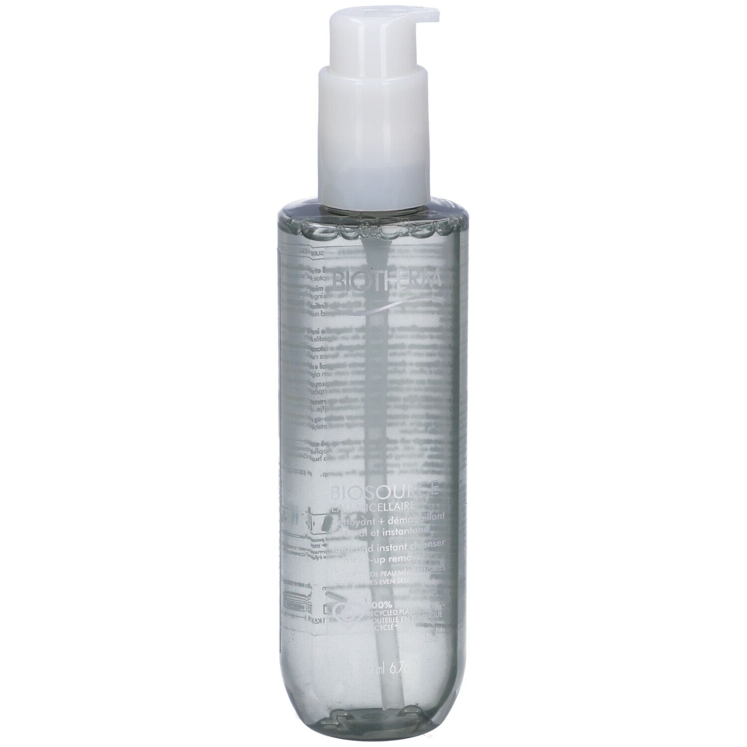 Flacone cilindrico con liquido trasparente e dosatore bianco. Scritta BIOTHERM.