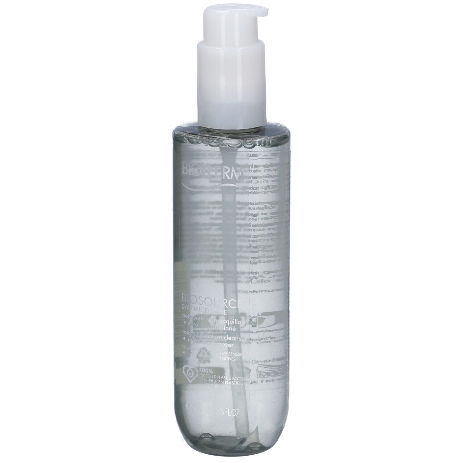 Flacone cilindrico con liquido trasparente e dosatore bianco. Scritta BIOTHERM.