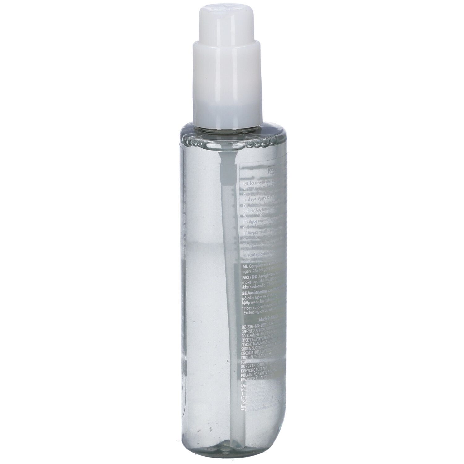 Flacone cilindrico con liquido trasparente e dosatore bianco. Scritta BIOTHERM.