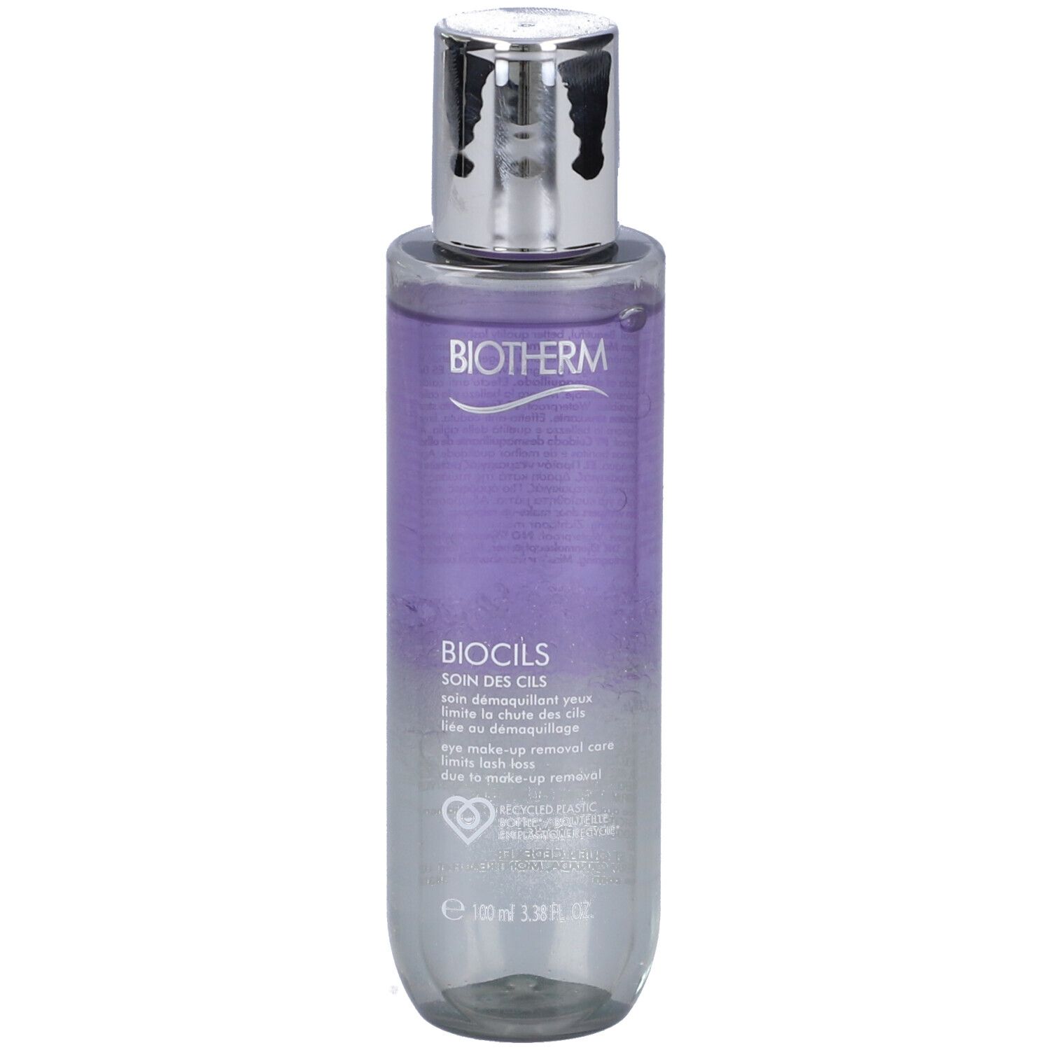 BIOTHERM Biocils. Flacone con tappo argentato. Liquido viola visibile. Etichetta con testo.