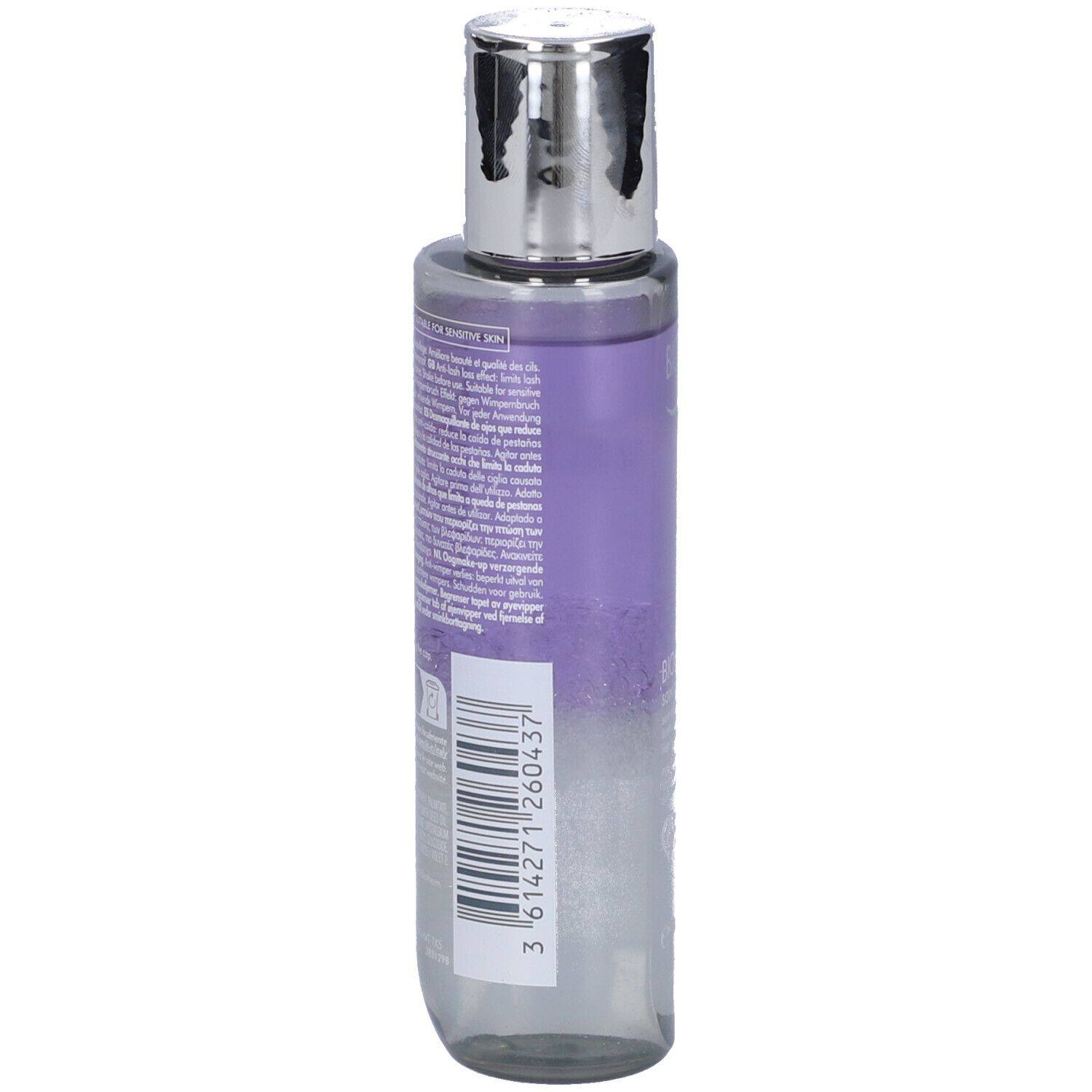 BIOTHERM Biocils, retro del flacone. Forma cilindrica, tappo argentato. Etichetta con testo e codice a barre.