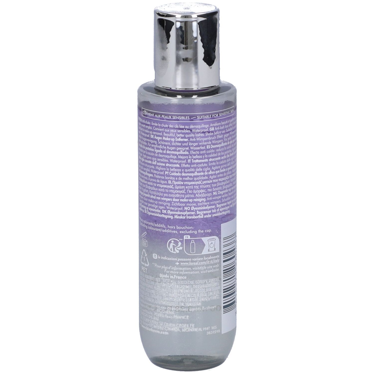 BIOTHERM Biocils, retro del flacone. Forma cilindrica, tappo argentato. Etichetta con testo e pittogrammi.