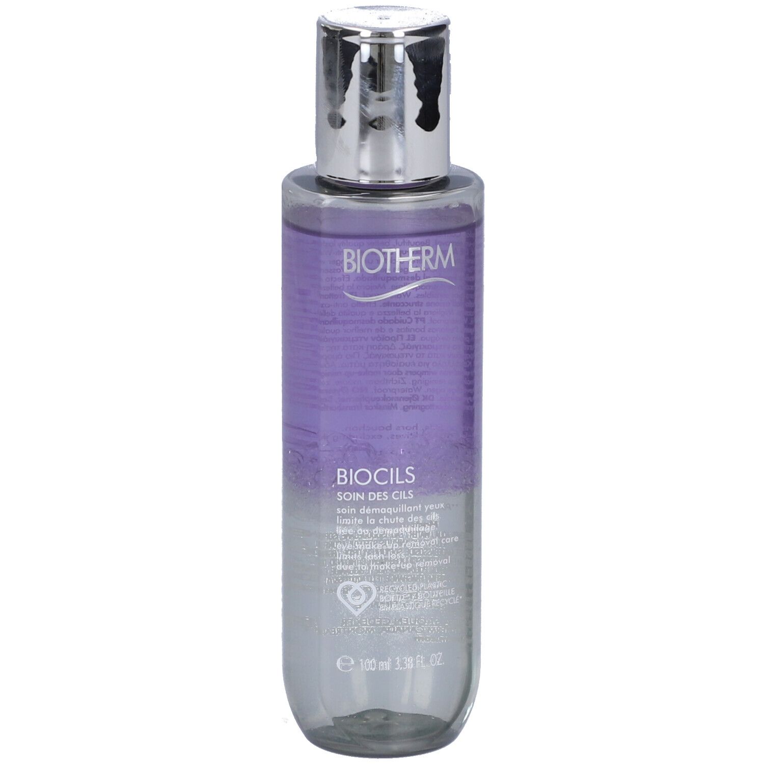 BIOTHERM Biocils. Flacone con tappo argentato. Liquido viola visibile. Etichetta con testo.