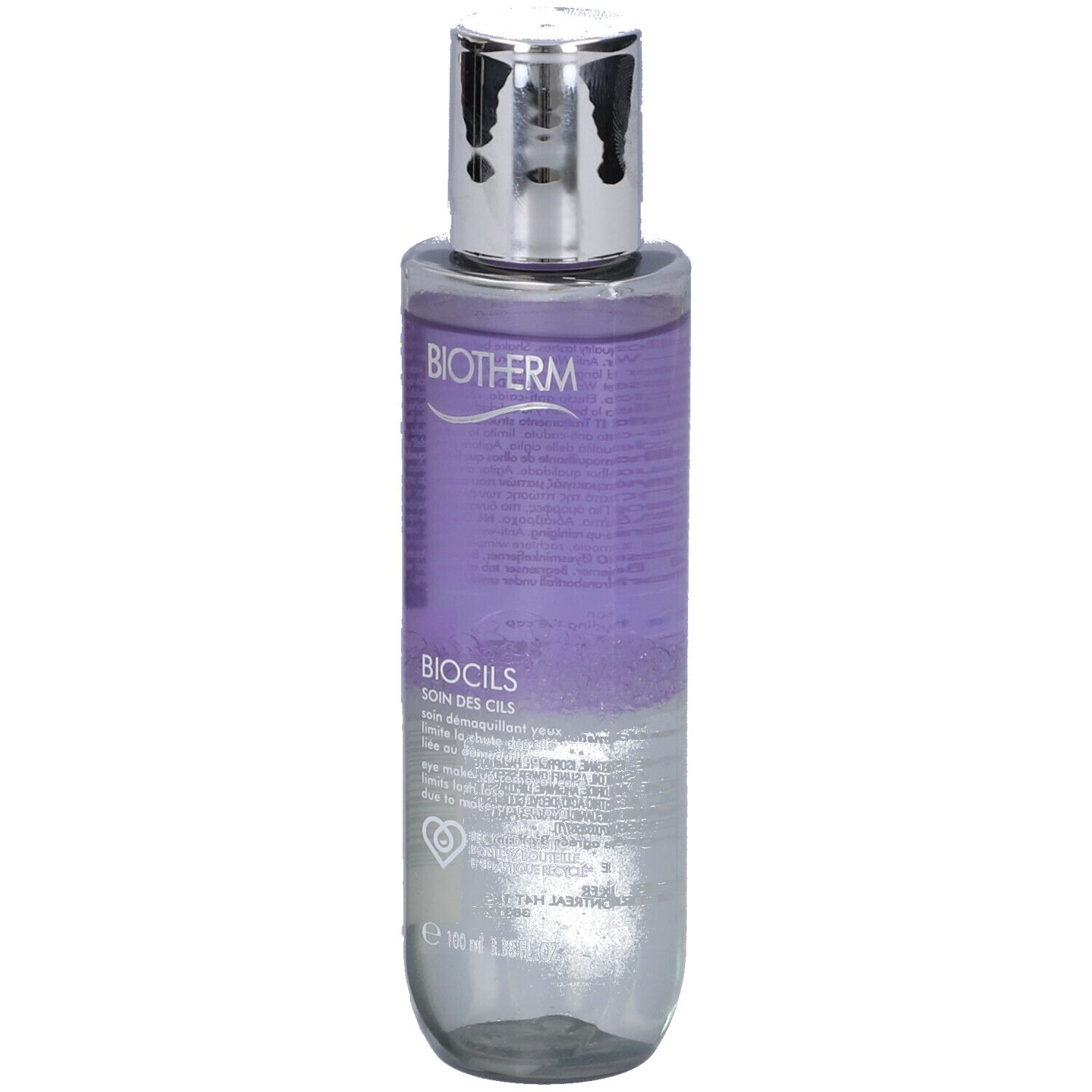BIOTHERM Biocils. Flacone con tappo argentato. Liquido viola visibile. Etichetta con testo.
