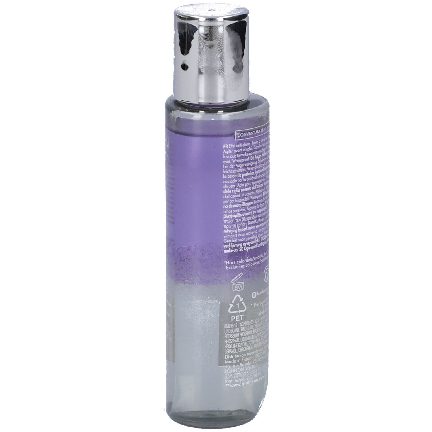 BIOTHERM Biocils, retro del flacone. Forma cilindrica, tappo argentato. Etichetta con testo e pittogrammi.