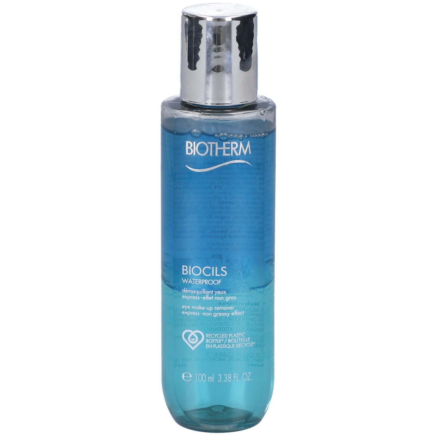 BIOTHERM Biocils Waterproof. Liquido blu in bottiglia trasparente con tappo argentato. Informazioni sul prodotto sull'etichetta.