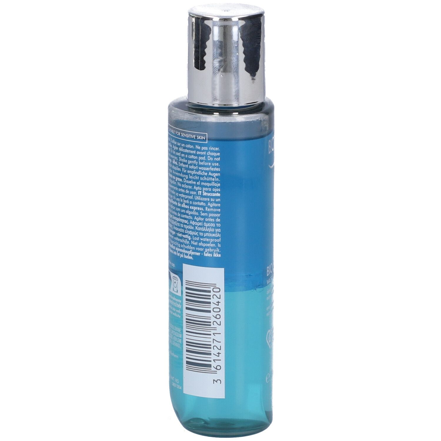 Retro della bottiglia BIOTHERM Biocils Waterproof. Liquido blu, bottiglia trasparente, tappo argentato. Etichetta con testo e codice a barre.