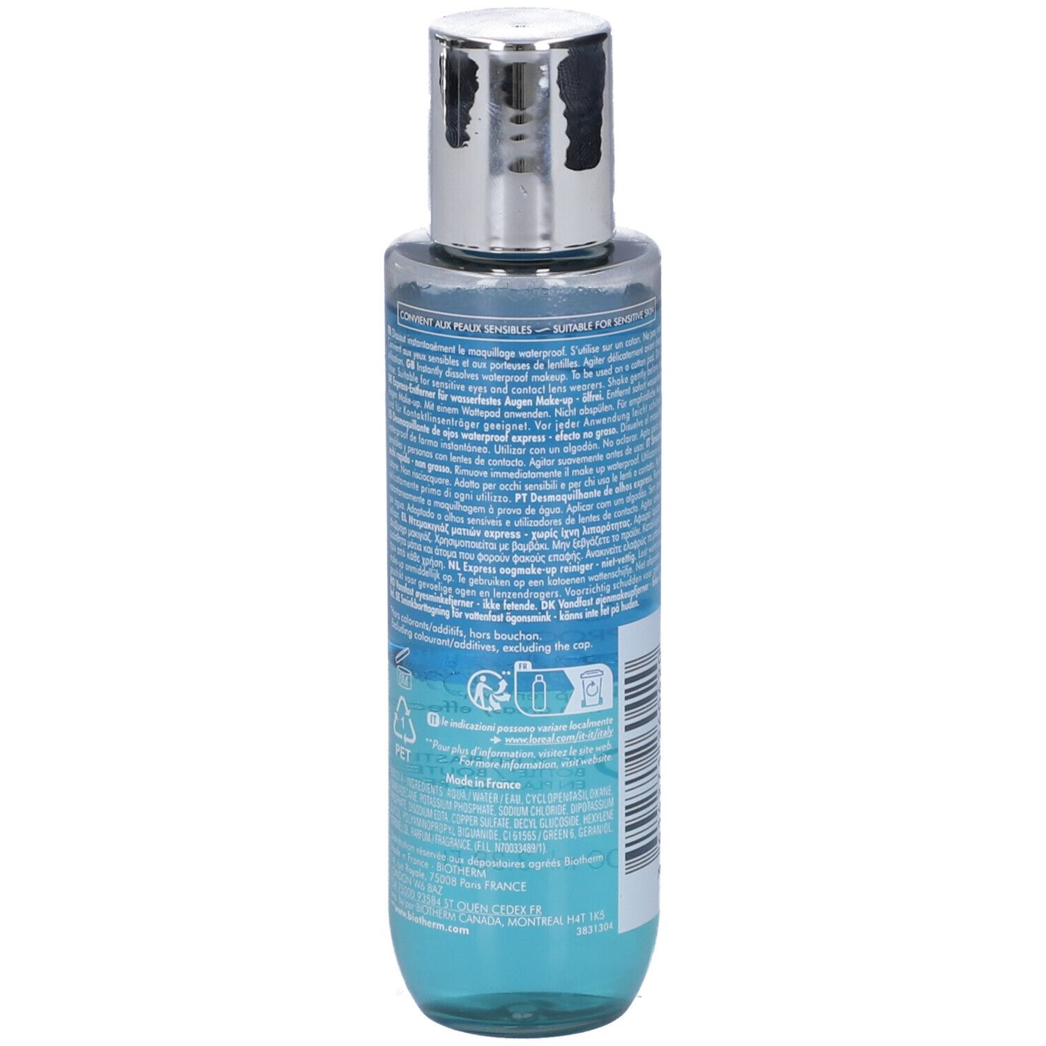 Retro della bottiglia BIOTHERM Biocils Waterproof. Liquido blu, bottiglia trasparente, tappo argentato. Etichetta con testo e simboli.