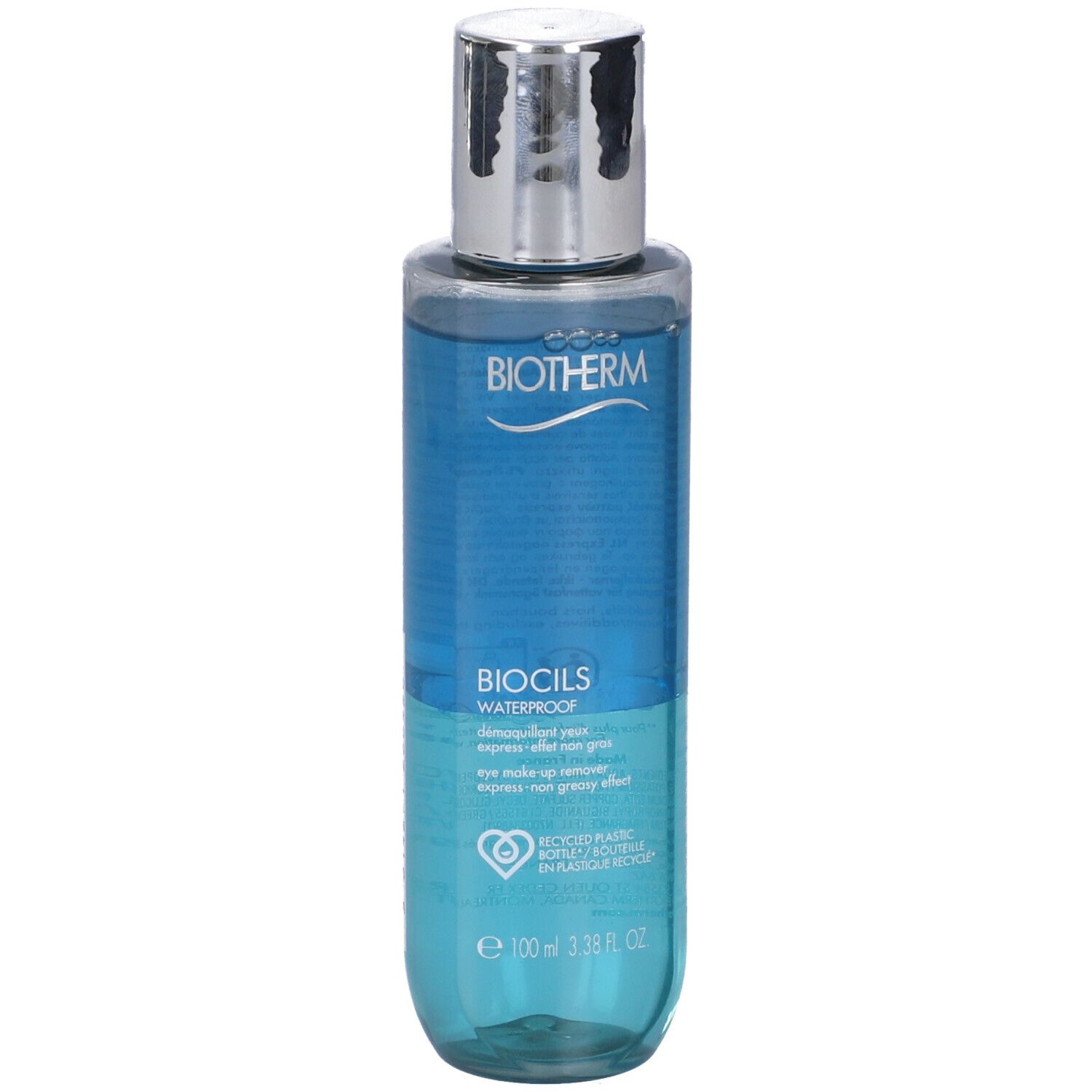 BIOTHERM Biocils Waterproof. Liquido blu in bottiglia trasparente con tappo argentato. Informazioni sul prodotto sull'etichetta.