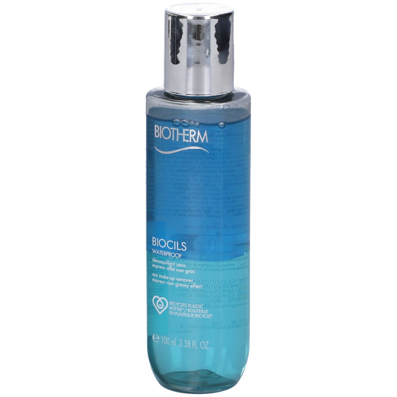 BIOTHERM Biocils Waterproof. Liquido blu in bottiglia trasparente con tappo argentato. Informazioni sul prodotto sull'etichetta.