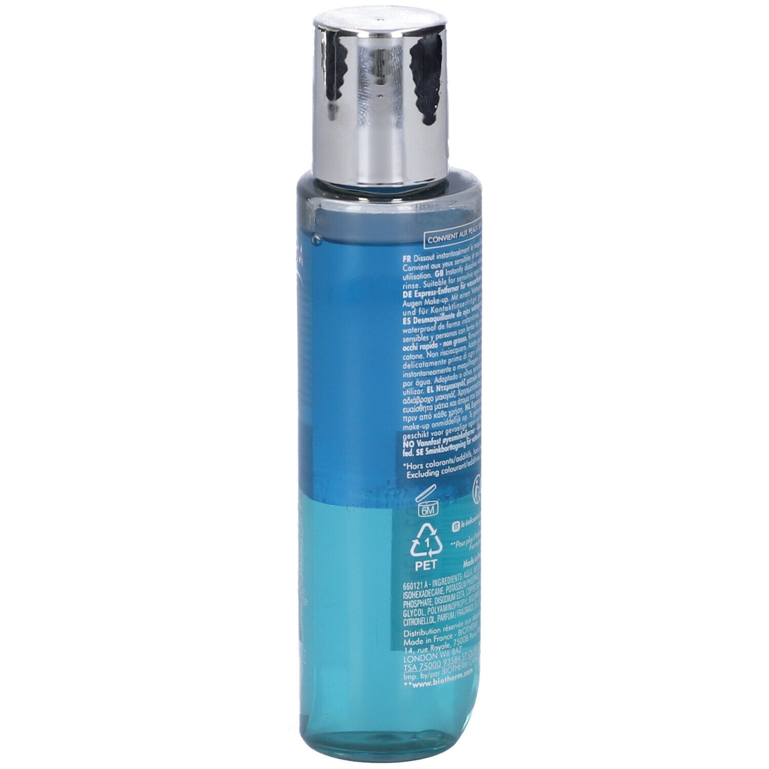 Retro della bottiglia BIOTHERM Biocils Waterproof. Liquido blu, bottiglia trasparente, tappo argentato. Etichetta con testo e simboli.