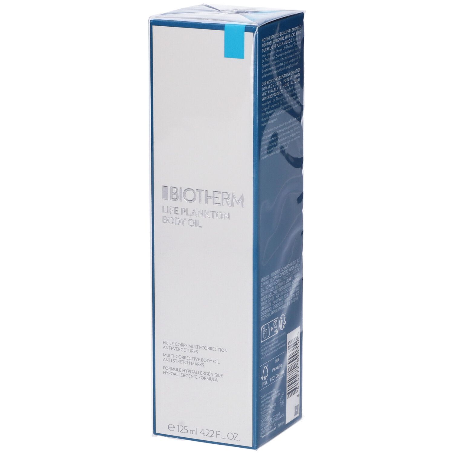 BIOTHERM Life Plankton Body Oil. Confezione bianca con testo blu. Nome del prodotto e ingredienti stampati.