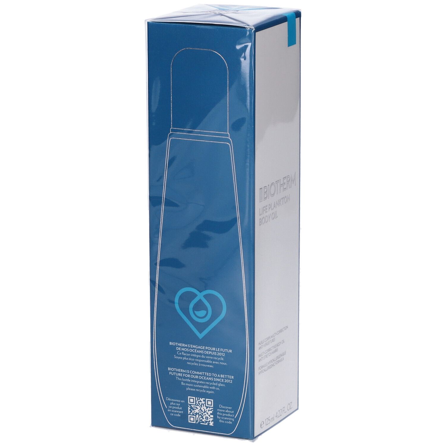 BIOTHERM Life Plankton Body Oil. Confezione blu con immagine del prodotto e testo. Codice QR e logo.