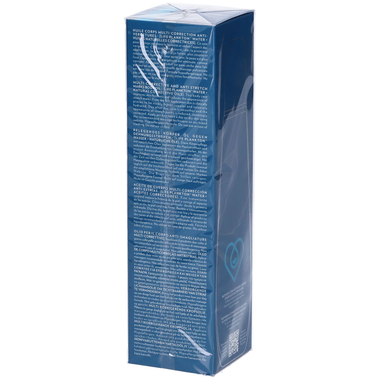 BIOTHERM Life Plankton Body Oil. Confezione blu con testo multilingue. Informazioni sul prodotto e logo.