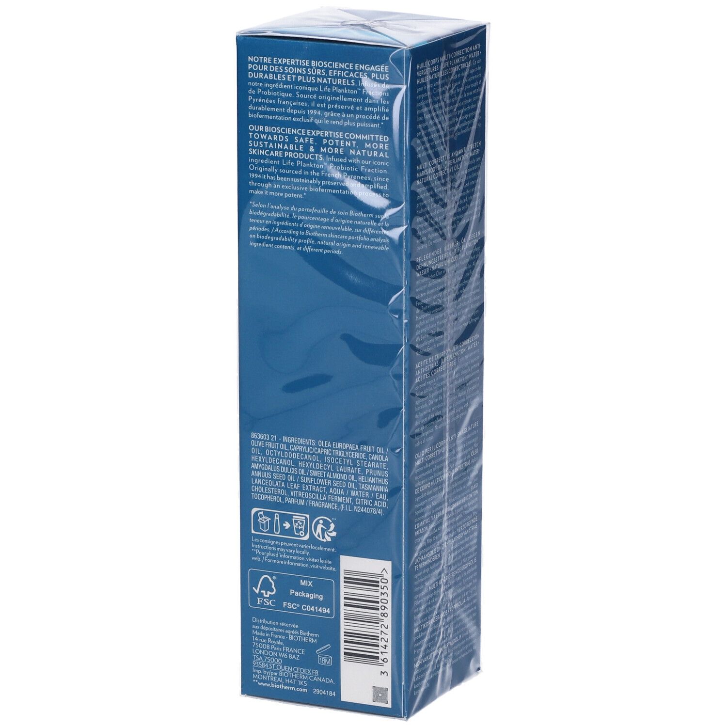 BIOTHERM Life Plankton Body Oil. Confezione blu con testo e loghi. Certificazione FSC e informazioni sul prodotto.