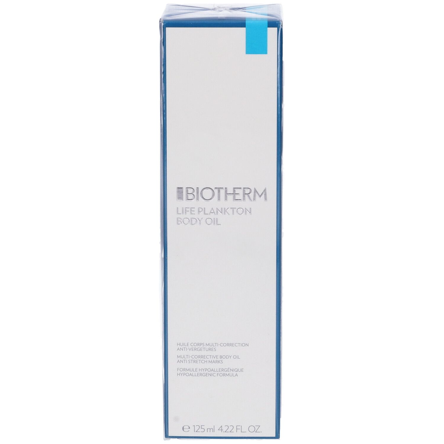 BIOTHERM Life Plankton Body Oil. Confezione bianca con testo blu. Nome del prodotto e ingredienti stampati.