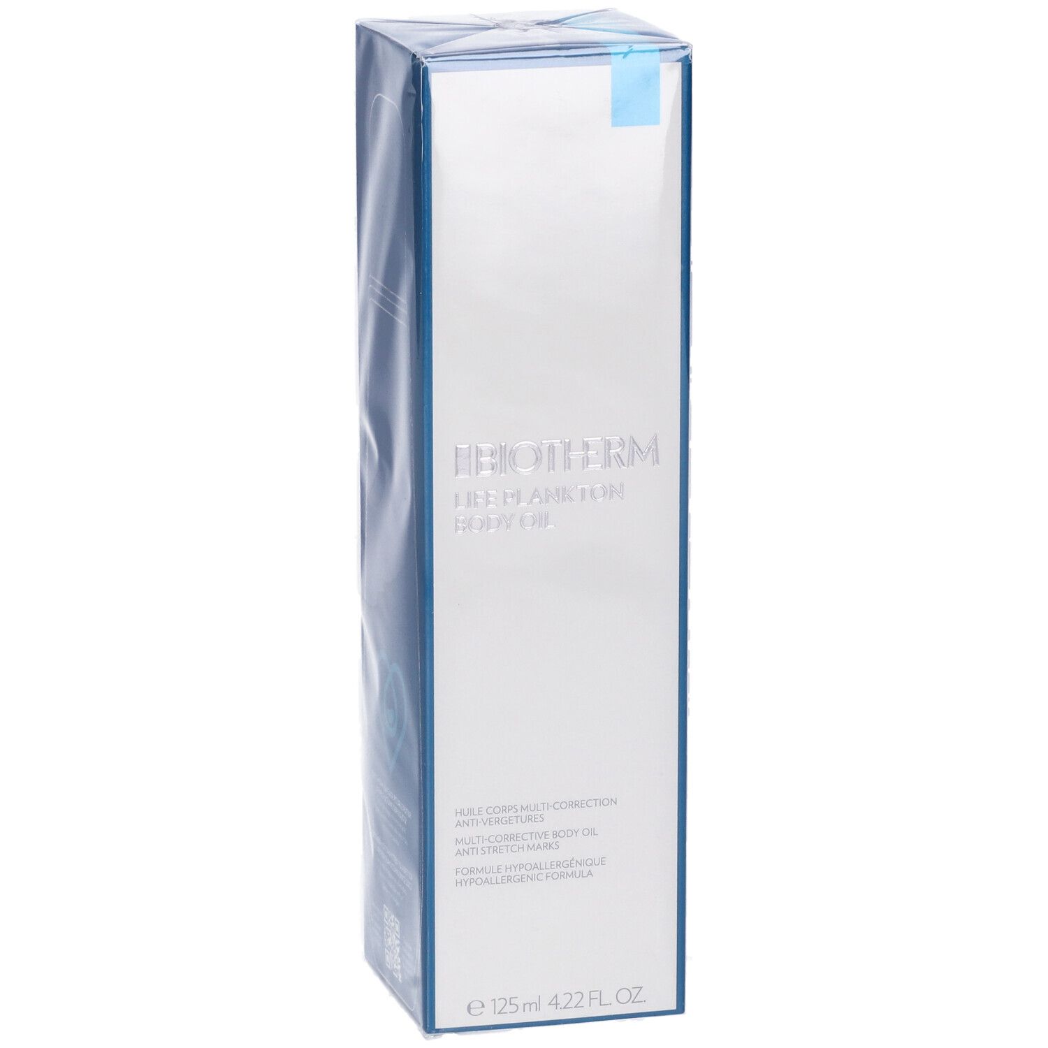 BIOTHERM Life Plankton Body Oil. Confezione in pellicola. Nome del prodotto e ingredienti stampati.