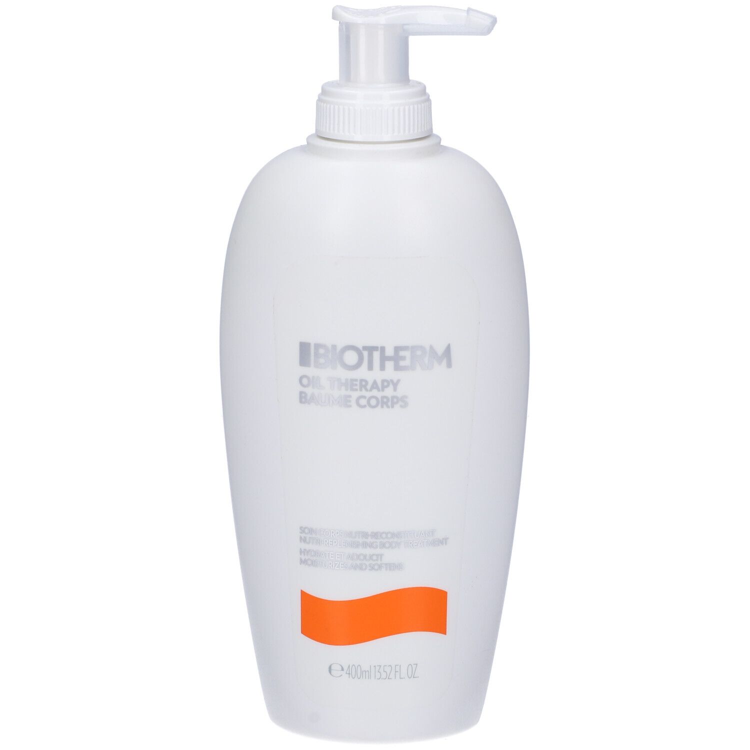 Flacone bianco con dosatore. BIOTHERM Oil Therapy Balsamo Corpo. Striscia arancione. Testo.