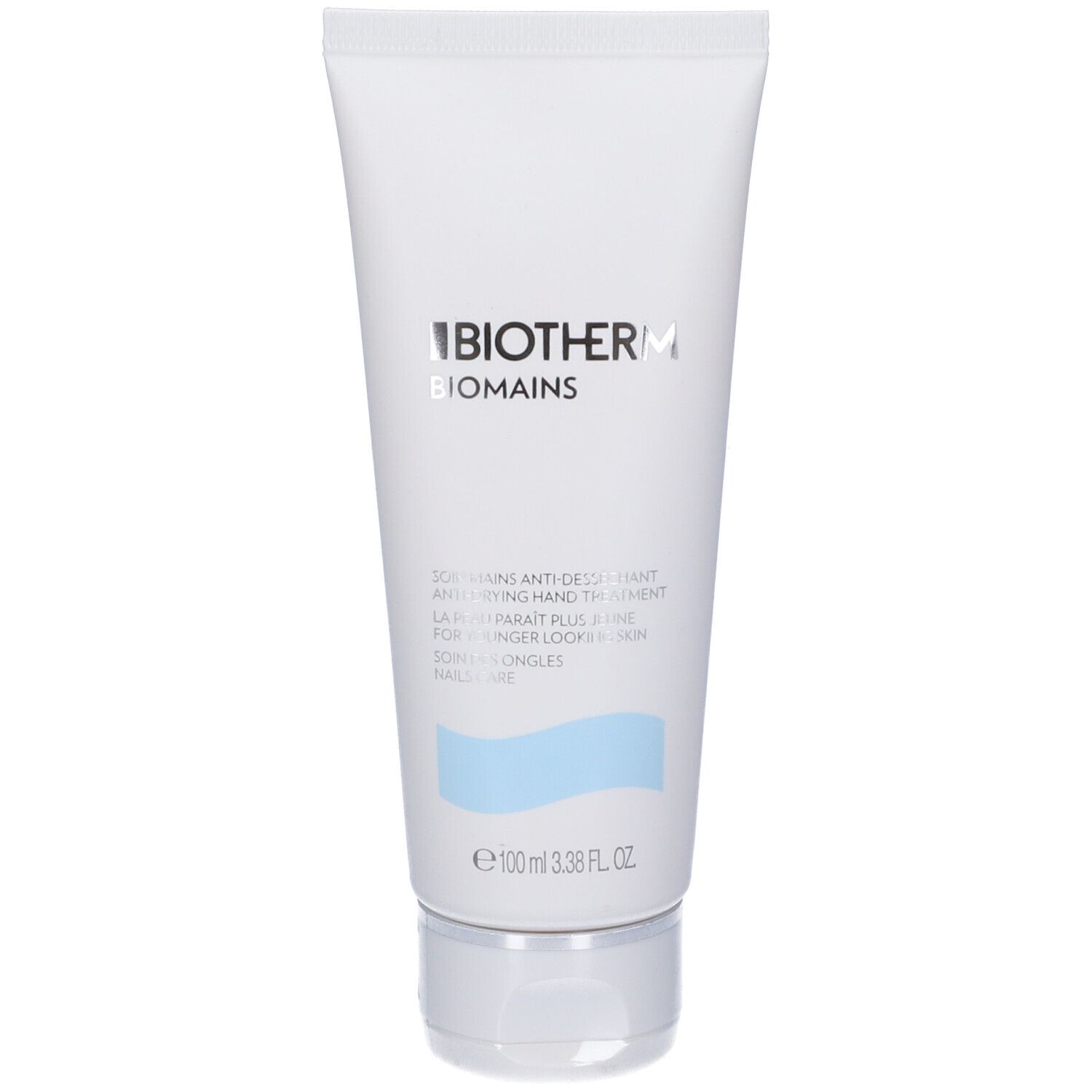 Tubo di crema mani BIOTHERM Biomains. Bianco, con accento blu. Scritta e nome del prodotto.