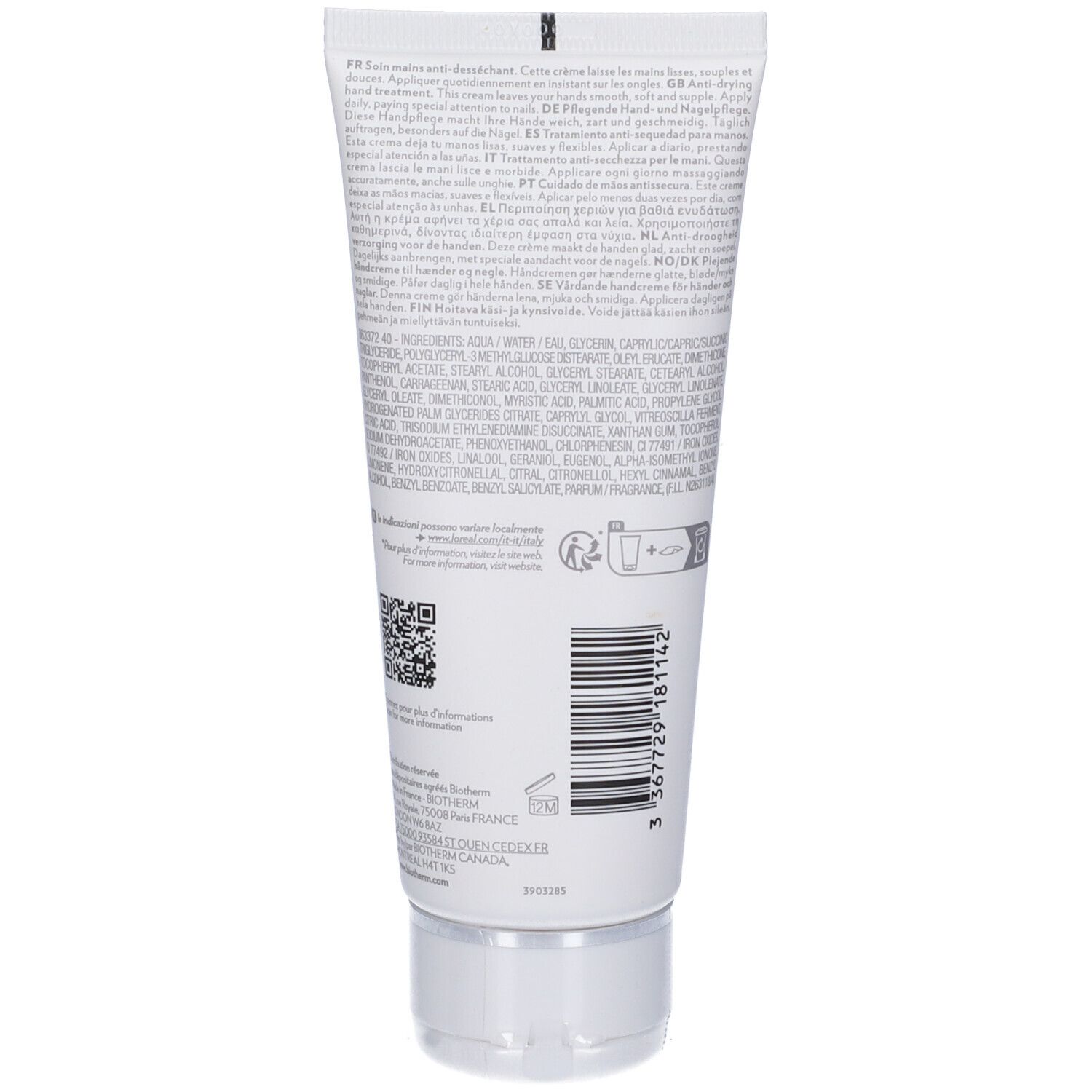 Retro del tubo di crema mani BIOTHERM Biomains. Testo, codice a barre e codice QR.