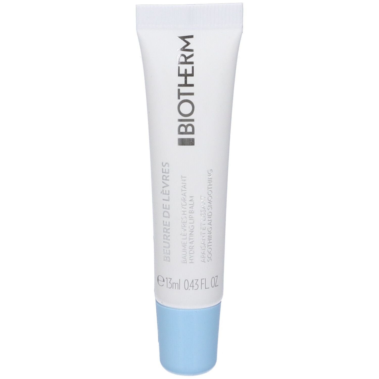 Tubo di balsamo labbra BIOTHERM, bianco, tappo azzurro. Testo: Beurre de Lèvres, Hydrating Lip Balm.