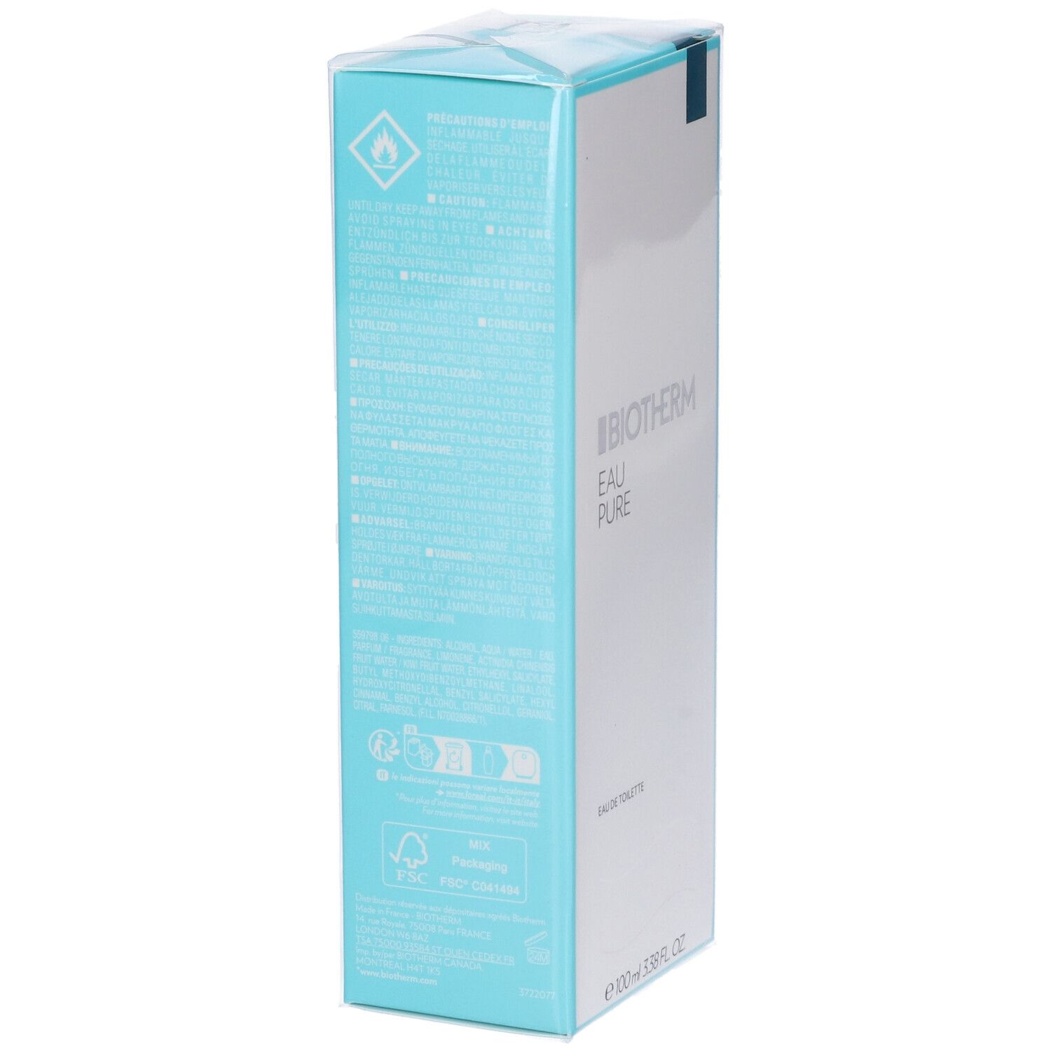 Retro della confezione di Biotherm Eau Pure Eau de Toilette. Testo e simboli su sfondo blu. Logo FSC.
