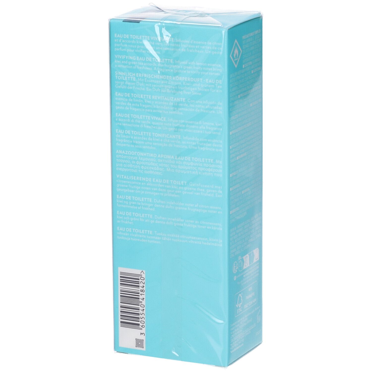 Confezione di Biotherm Eau Pure Eau de Toilette. Testo multilingue su sfondo blu. Codice a barre.