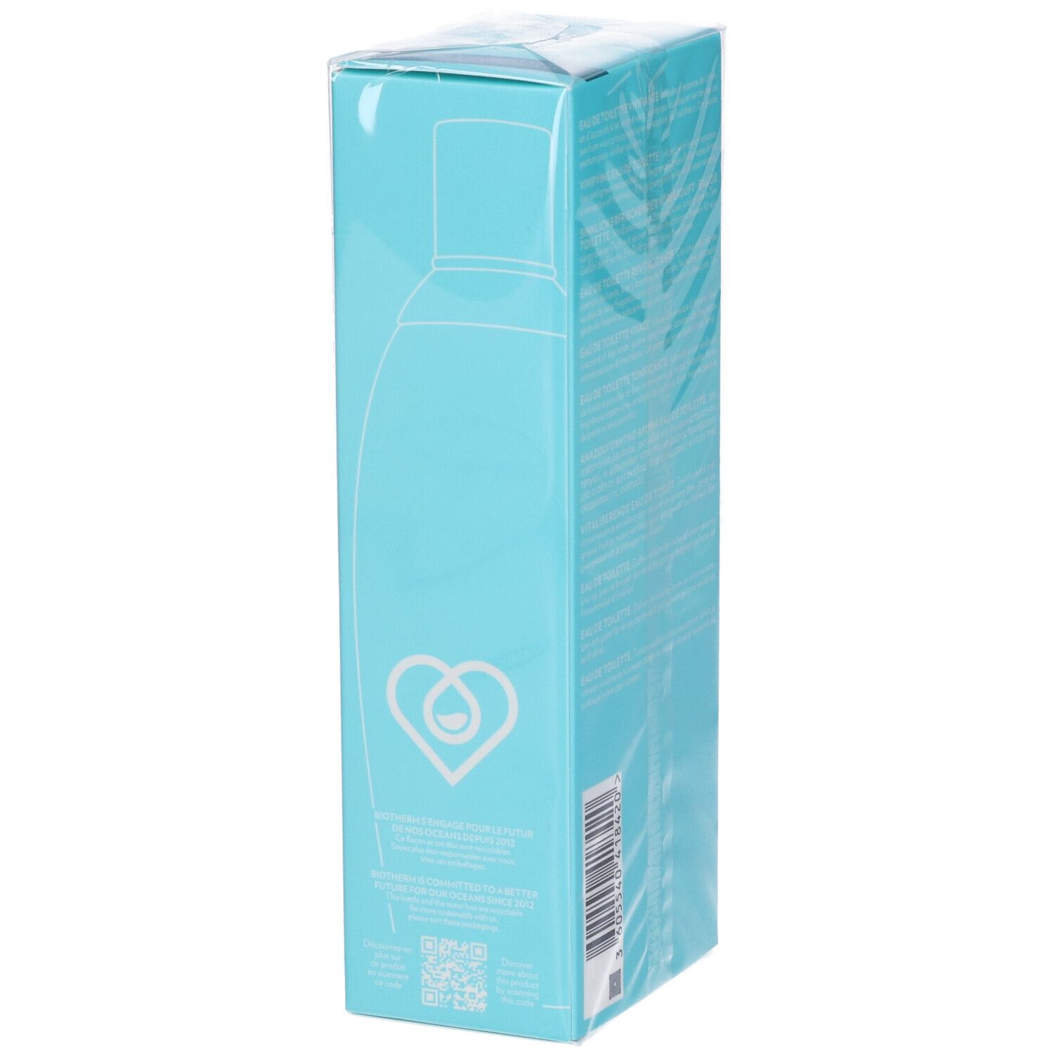 Vista laterale della confezione di Biotherm Eau Pure Eau de Toilette. Confezione blu con contorno del prodotto. Logo cuore.