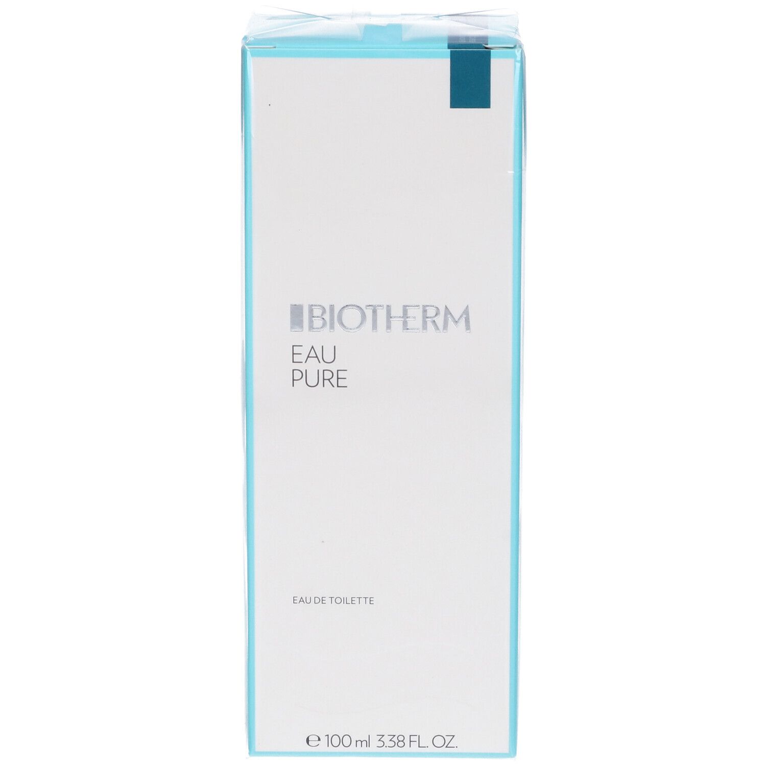 Fronte della confezione di Biotherm Eau Pure Eau de Toilette. Scatola bianca con accento blu. Marchio e nome del prodotto.