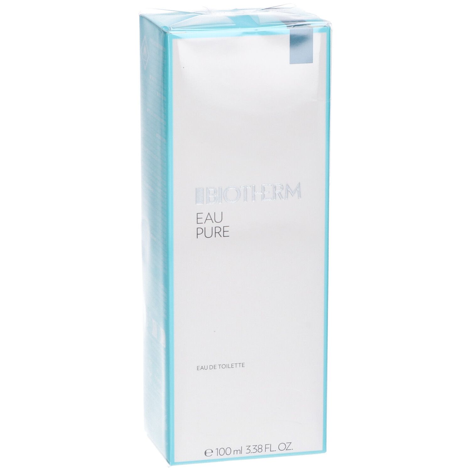 Fronte della confezione di Biotherm Eau Pure Eau de Toilette. Scatola bianca con accento blu. Marchio e nome del prodotto.