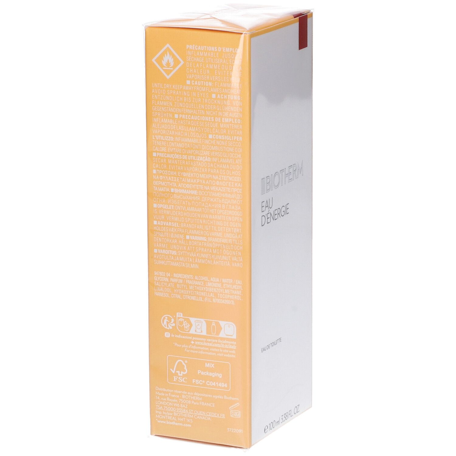 Biotherm Eau D'Energie Eau De Toilette. Confezione gialla con testo. Scritta: Biotherm, Eau D'Energie, Eau de Toilette. Avvertenze.