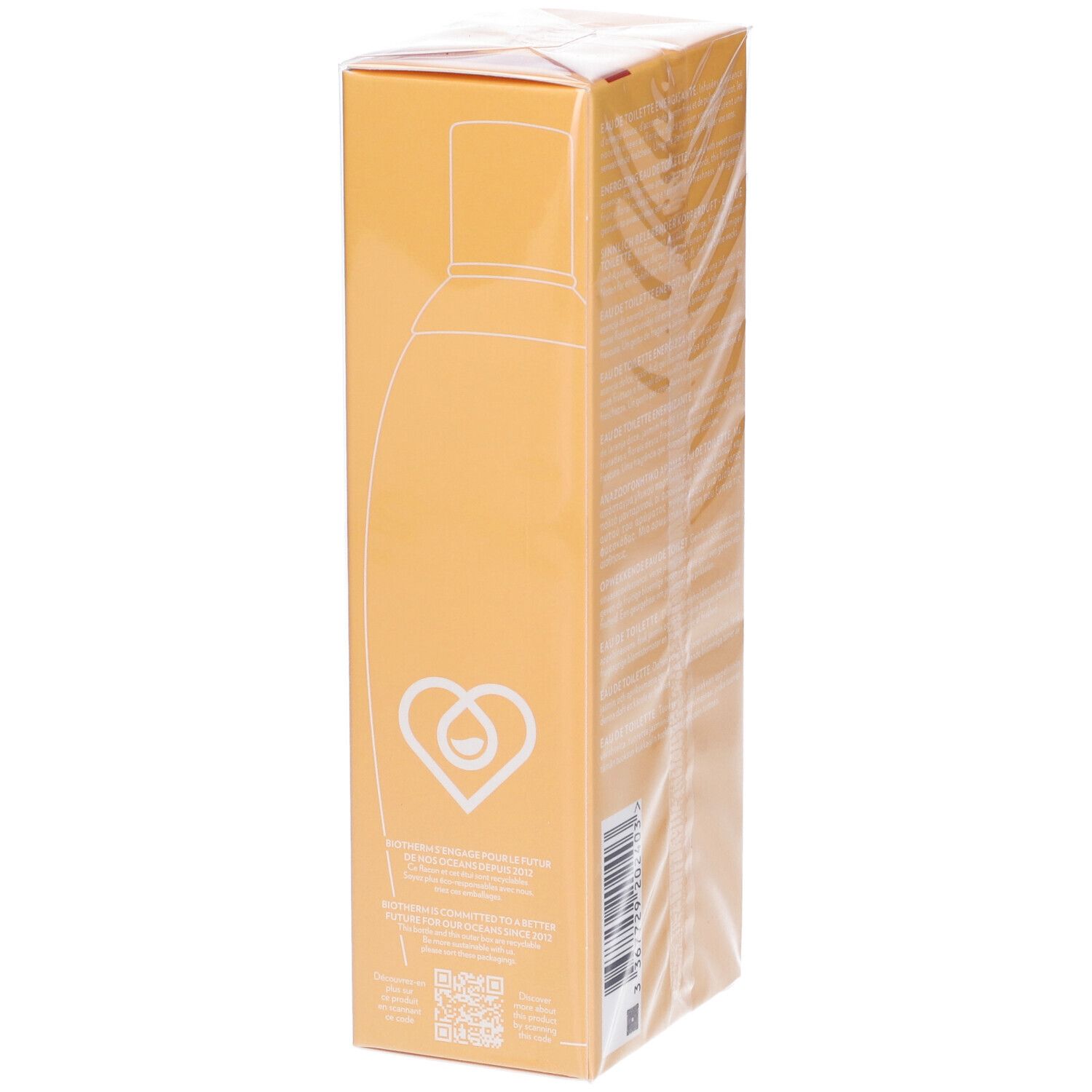 Biotherm Eau D'Energie Eau De Toilette. Confezione gialla. Silhouette del flacone stampata. Logo con simbolo cuore-goccia.