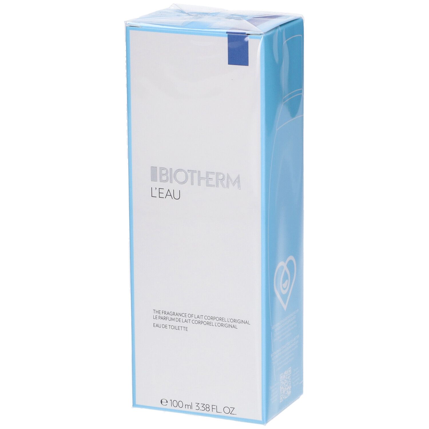 Confezione di Biotherm L'Eau Spray Corpo Profumato. Scatola bianca e blu con nome e logo del prodotto. Confezione trasparente.