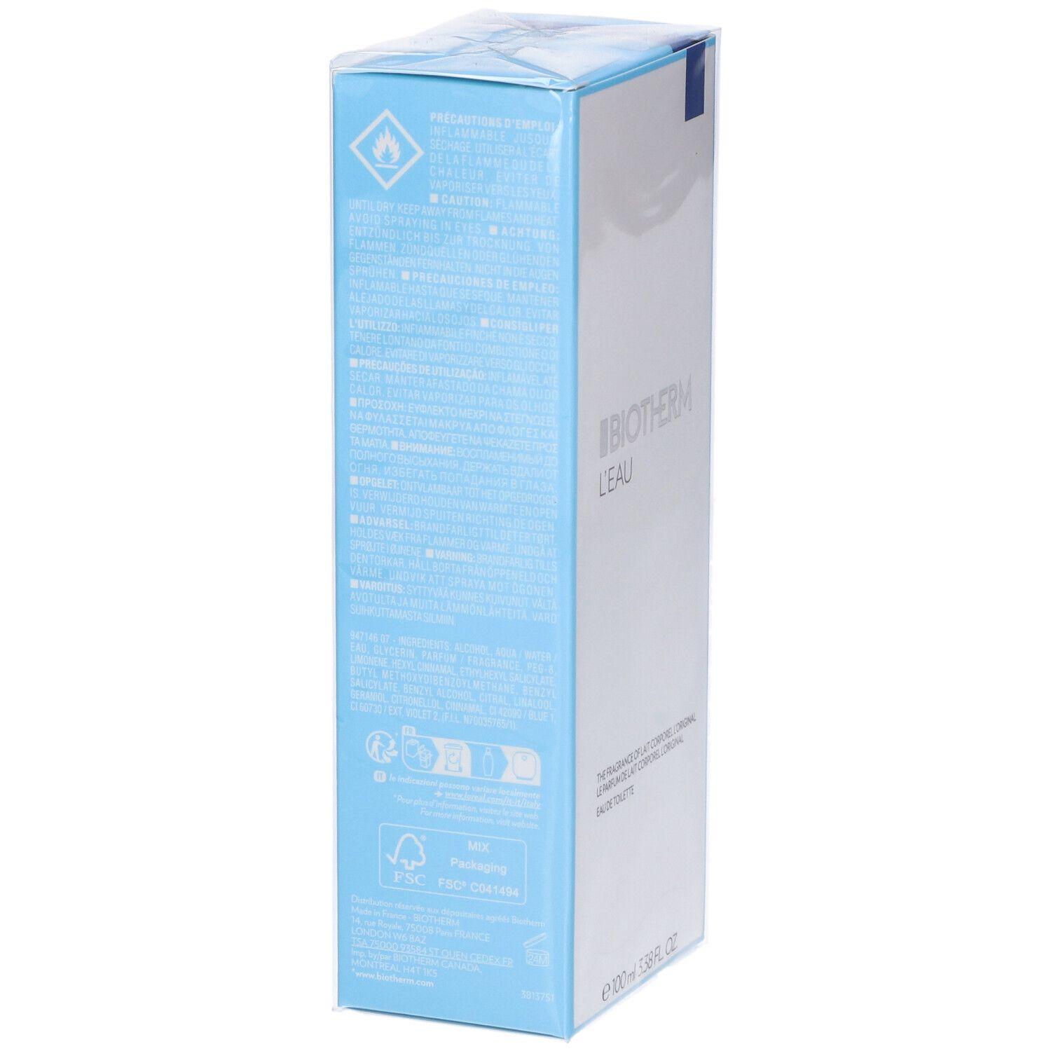 Retro della confezione Biotherm L'Eau. Testo multilingue, simboli di sicurezza, logo FSC. Colori blu e bianco.