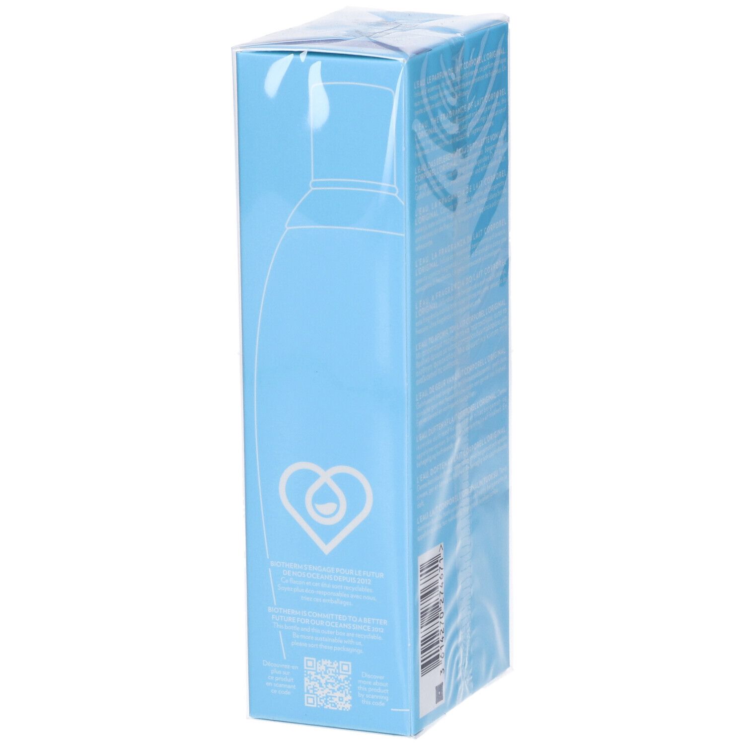 Lato della confezione Biotherm L'Eau. Illustrazione del prodotto, testo. Colori blu e bianco. Confezione trasparente.