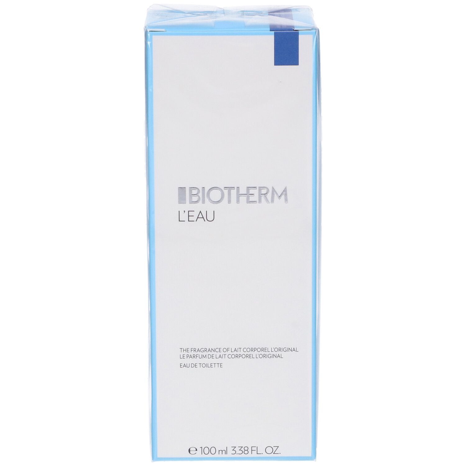 Fronte della confezione Biotherm L'Eau. Nome e logo del prodotto. Colori bianco e blu. Confezione trasparente.