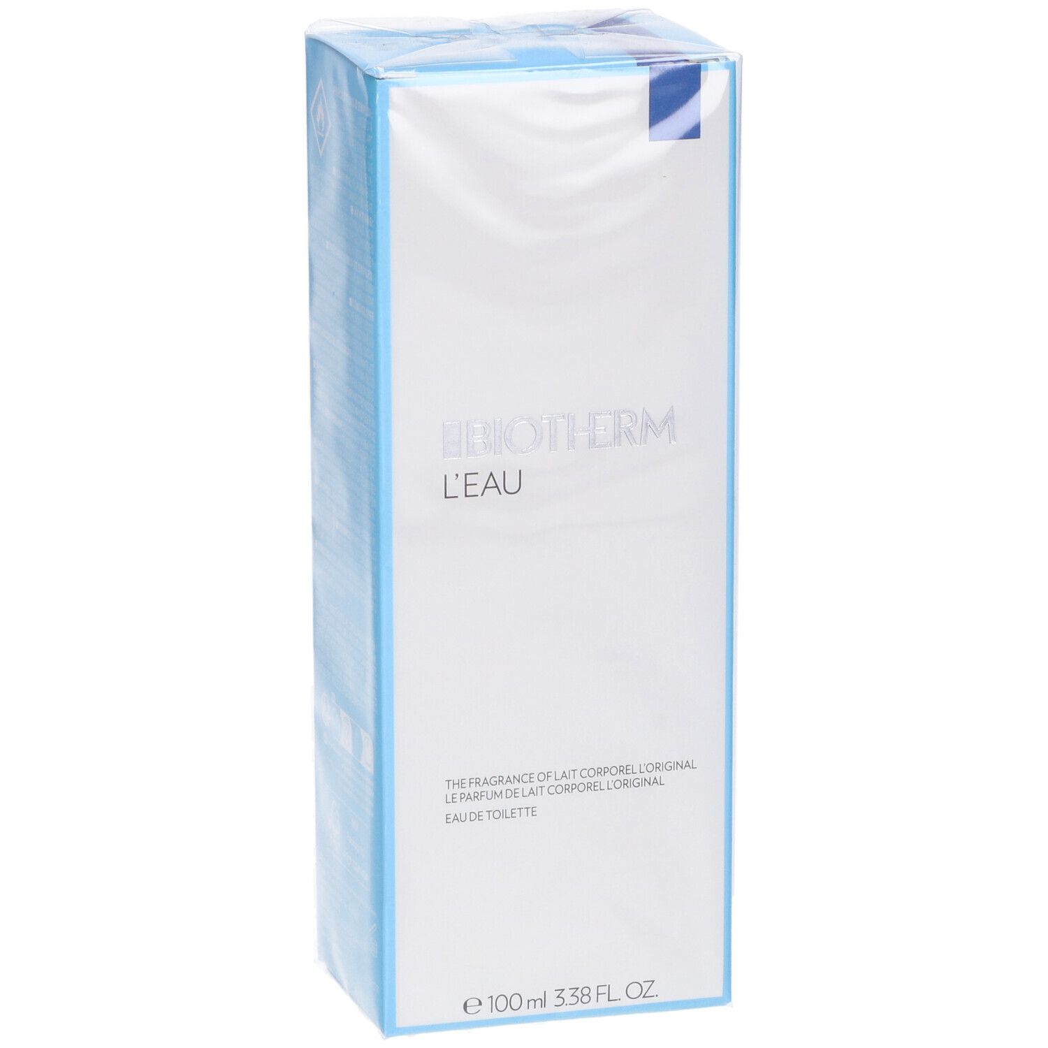 Fronte della confezione Biotherm L'Eau. Nome e logo del prodotto. Colori bianco e blu. Confezione trasparente.